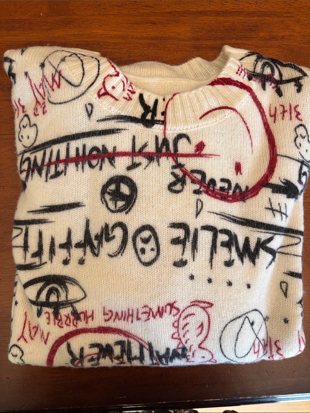 Cream Graphic Crewneck Sweater with Black & Red Accent